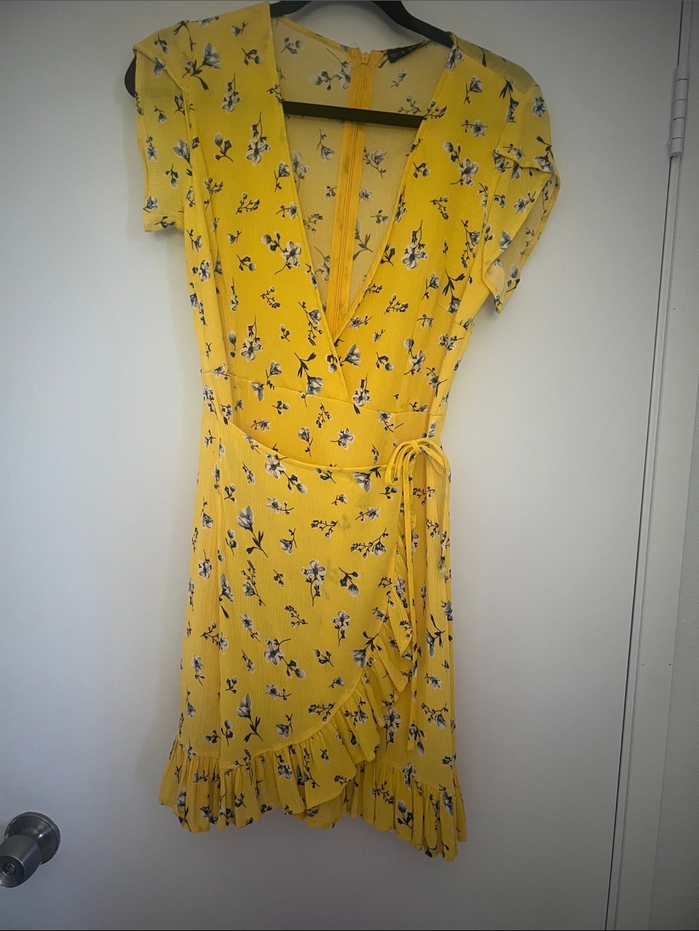 Yellow Floral Wrap Dress with Ruffle Hem